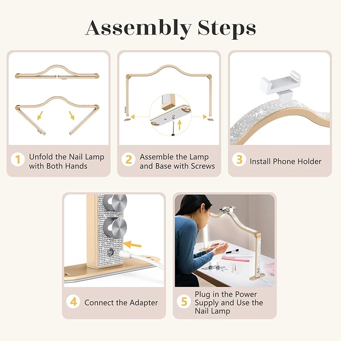 Yokilly Arc Half Moon Light: 34" Shadow-Free Half Moon Light for Desk Salon - Foldable LED Desk Lamp with Stepless Brightness for Manicurist (Gold)