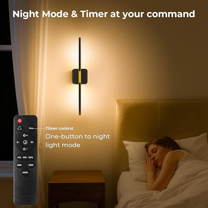 GvvooHome Battery Operated Wall Sconce Detachable 360°Rotate, Wireless Wall Lamp 3000-6500K Dimmable, 10000mAh Rechargeable Wall Light for Bedroom, Living Room，28.3" Black Gold (1 Pack)