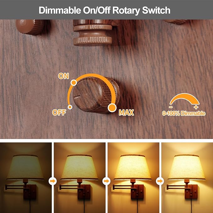 TRLIFE Dimmable Wall Sconce Plug in, Wall Sconces Set of Two Swing Arm Wall Lights with Plug in Cord and On/Off Dimmer Rotary Switch, 11.8" Large Beige Fabric Shade(2 Pack, Walnut Color)