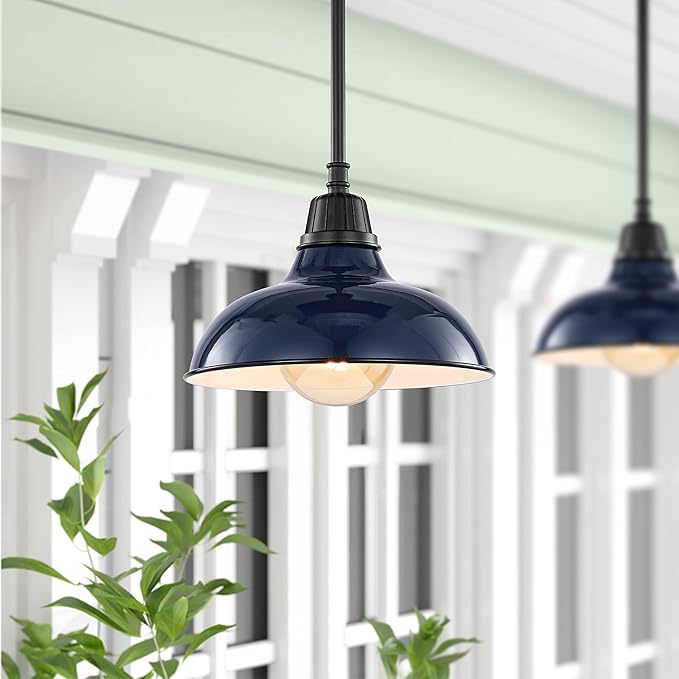 JONATHAN Y 12.25" Navy/Black 1-Light Farmhouse Indoor/Outdoor LED Pendant Iron Hanging Light, and Black Metal Shade, Rustic Ceiling Lamp for Kitchen Island, LED Bulb Included (JYL7611C)