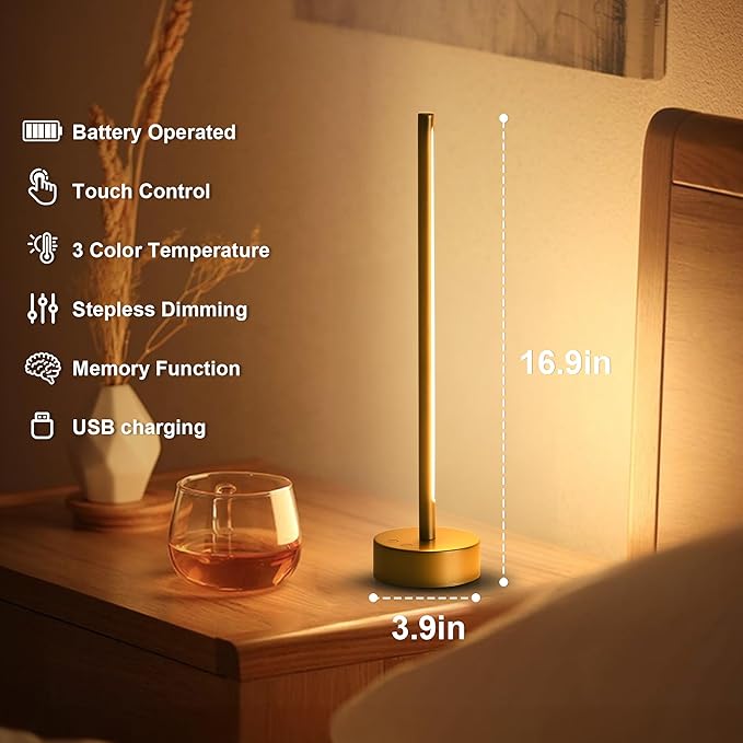 KARTOOSH Cordless LED Table Lamp, Battery Operated Portable Desk Lamp,Dimmable/3 Color/Memory Function,Modern Rechargeable Table Light for Living Room,Bedroom,Bedside,Gold
