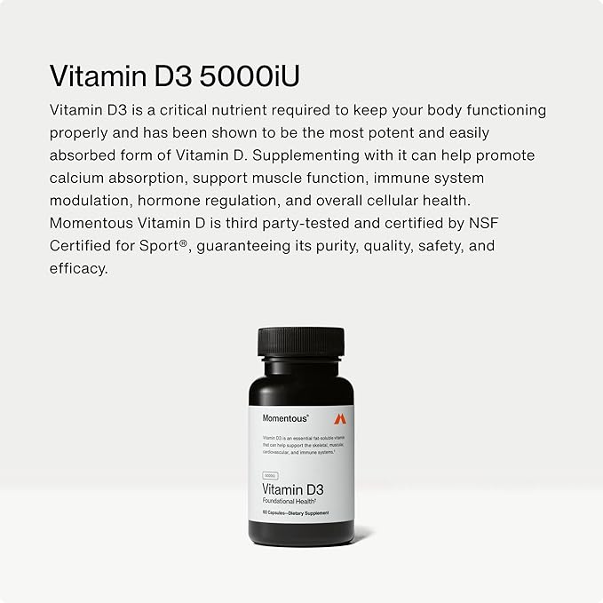Momentous Vitamine D3 – Complément alimentaire – 5 000 UI Capsules pour un soutien fondamental de la santé – Certifié NSF pour le sport – Sans gluten – 60 portions