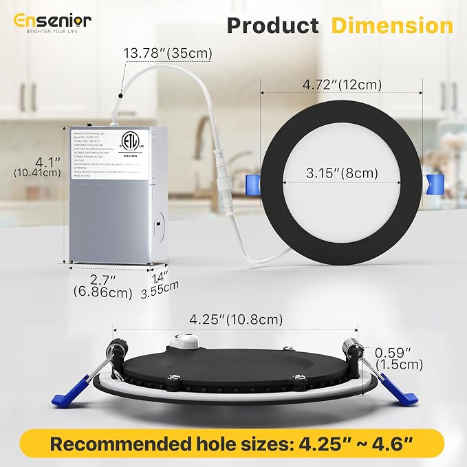 Ensenior 4 Pack 4 Inch LED Recessed Light, Dimmable, 2700K-5000K 5CCT, 750LM High Brightness, 9W 120V, Damp Rated, Ultra-Thin Canless Wafer Light, Black - ETL & FCC & IC