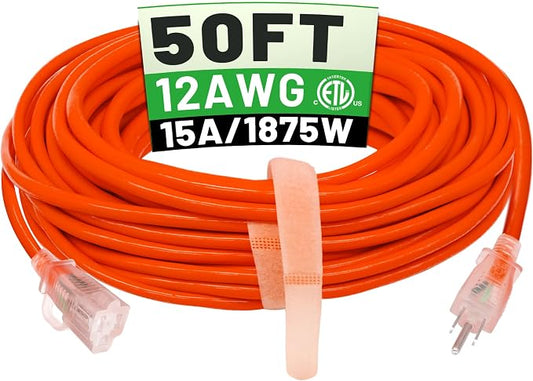 POWGRN 50 ft 12/3 Outdoor Extension Cord Waterproof Heavy Duty with Lighted Indicator End 12 Gauge 3 Prong, Flexible Cold-Resistant Long Power Cord Outside, 15Amp 1875W SJTW Orange ETL Listed