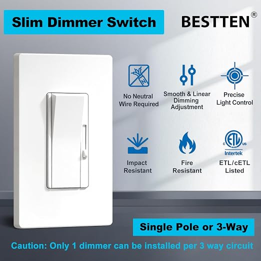 BESTTEN 12 Pack Super Slim Dimmer Light Switch, Single Pole or 3 Way Dimmable Switch, Quiet Rocker, Max 300W LED, CFL, 600W Incandescent, Screwless Wall Plate Included, ETL Listed, White