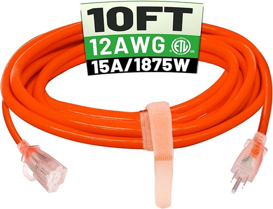 POWGRN 10 ft 12/3 Outdoor Extension Cord Waterproof Heavy Duty with Lighted Indicator End 12 Gauge 3 Prong, Flexible Cold-Resistant Long Power Cord Outside, 15Amp 1875W SJTW Orange ETL Listed