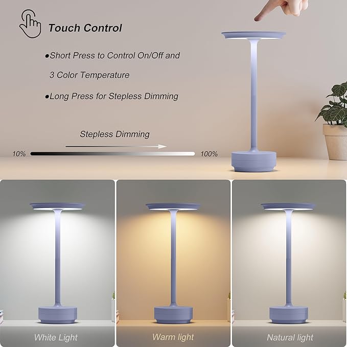 TBBGA 2 Pack Rechargeable Cordless Table Lamps, Portable 5000mAh Outdoor Table Light, 3 Color Stepless Dimming LED Table Lamp with Memory Function, for Home/Dinner/Patio/Restaurant.(Light Purple)