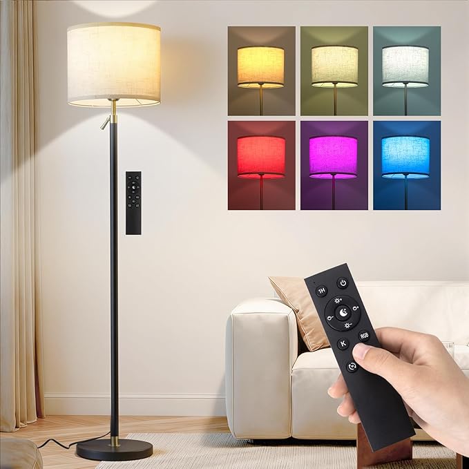 Remote Floor Lamp for Living Room and Bedroom - Modern RGB Standing Lamps Tall with Led Blub and Dimmable Light - 55"-67" Height Adjustable Standing Lamps with Shade for Corner Lighting（Black & Gold）
