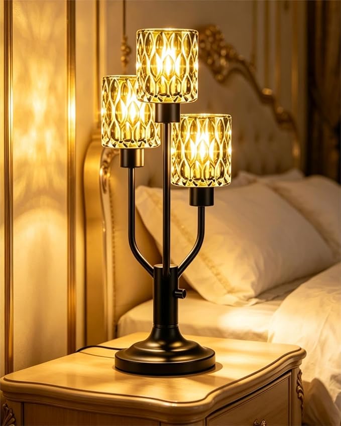 Mid Century Modern Table Lamp for Living Room Dimmable Nightstand Lamp Black Vintage Desk Lamp with Green Glass 3 Bulbs Included Warmwhite Ambient Bedside Lamps for Bedroom Office Home Decor