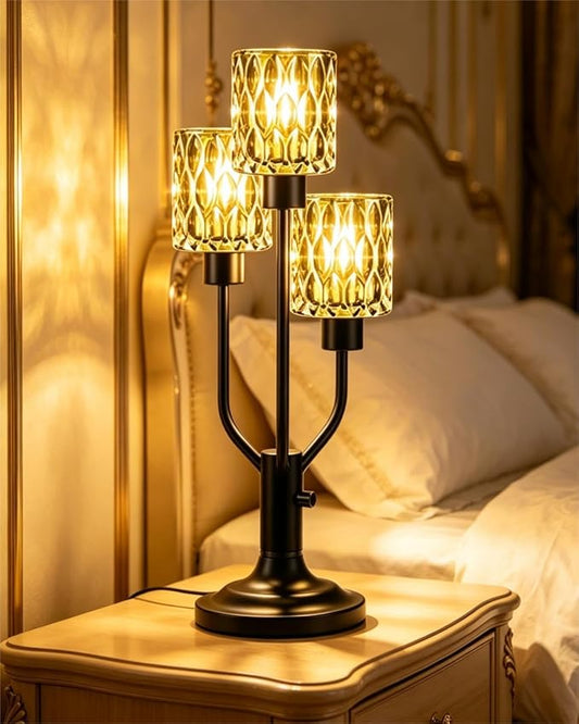 Mid Century Modern Table Lamp for Living Room Dimmable Nightstand Lamp Black Vintage Desk Lamp with Green Glass 3 Bulbs Included Warmwhite Ambient Bedside Lamps for Bedroom Office Home Decor