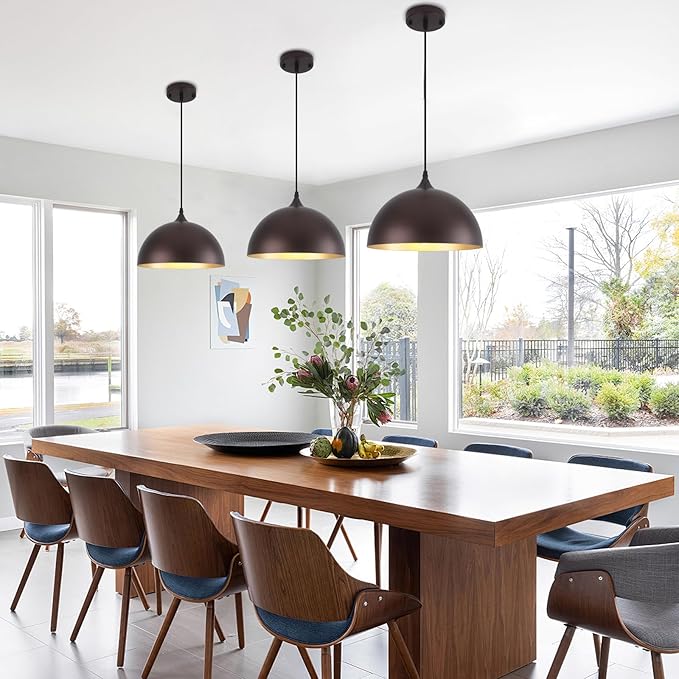 Farmhouse Pendant Light 12 Inch, Modern Pendant Lights Kitchen Island, Adjustable Height Dome Pendant Lights Fixtures for Dining Room Barn,Oil Rubbed Bronze Finish, 3 Pack