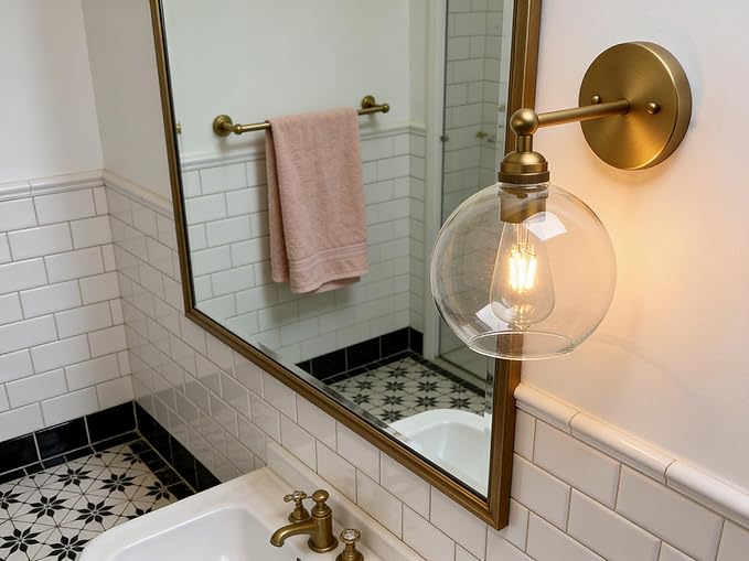Yosoan Brass Boho Vanity Vintage Gold Bathroom Wall Sconce, Indoor Hardwired Wall Mounted Industrial Fixture Lights with Double Hole Round Glass Lamp for Mirror, Living Room, Hallway(Antique)
