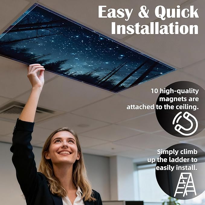 ANGSYLTH 8 Pcs Fluorescent Light Covers - 4 x 2 Feet Covers for Ceiling Lights, 8 x 10 Magnetic Light Filters for Classroom, Office, Hospitals (Forests & Starry Sky-2)