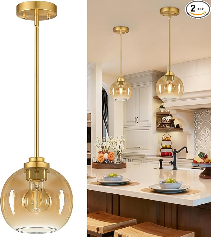 2 Pack 22"-50" Height Adjustable Glass Pendant Lights Kitchen Island, Globe Brushed Gold Pendant Lights with Amber Glass Shade, Mid Century Pendant Light Fixtures Kitchen Pendant Lighting over Island