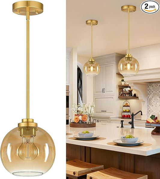 2 Pack 22"-50" Height Adjustable Glass Pendant Lights Kitchen Island, Globe Brushed Gold Pendant Lights with Amber Glass Shade, Mid Century Pendant Light Fixtures Kitchen Pendant Lighting over Island