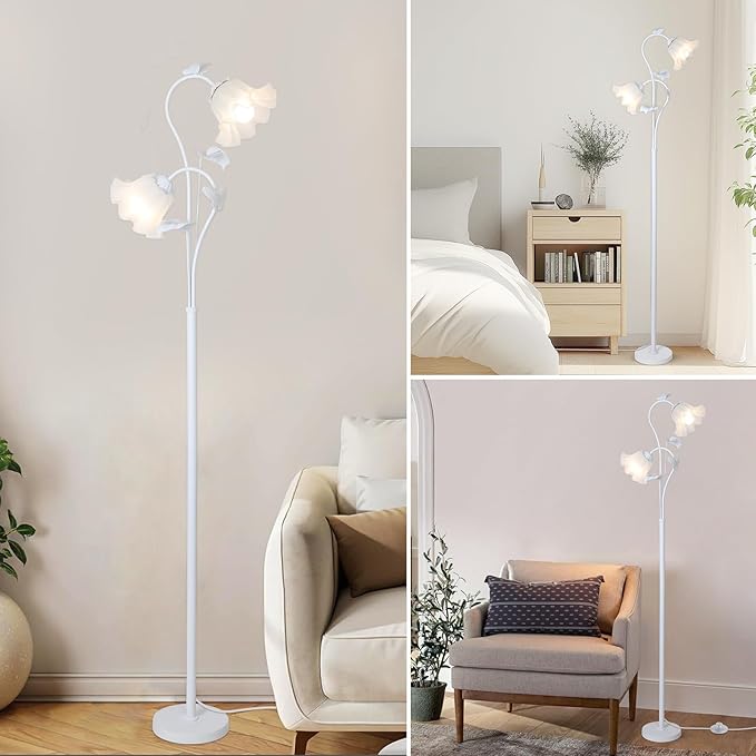 HMVPL White Flower Standing Lamp, Floral Tall Lamp with 2 LED 5W Blubs, Foot Switch, Modern Corner Floor Lamp with Acrylic Shade, Antique Lotus Flower Floor Lamp for Living Room Office Reading