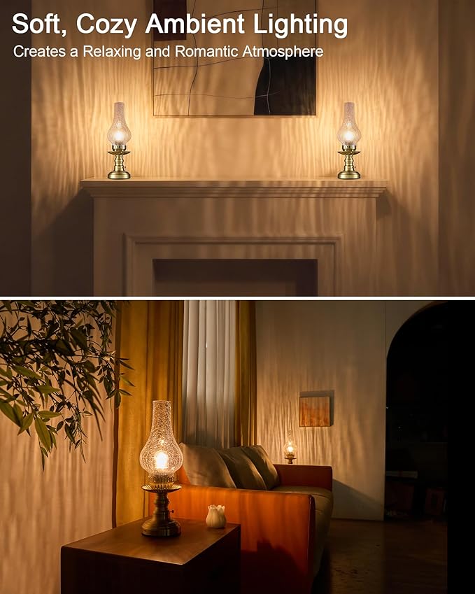 UMEXUS Vintage Rechargeable Cordless Table Lamp with Dimmer & Touch Control, Small Battery Powered Lights, Hand-Blown Glass Retro Farmhouse Lamp for Bedroom, Living Room, Dining Table, Kitchen (Clear)