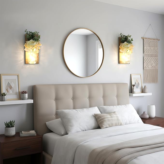 Farmhouse Wall Decor for Living Room Rustic Mason Jar Wall Sconces Set of 2 for Home Living Room Bedroom Decorations with Rose Bouquet Flowers and Remote LED Fairy Lights (Large Jacobean)