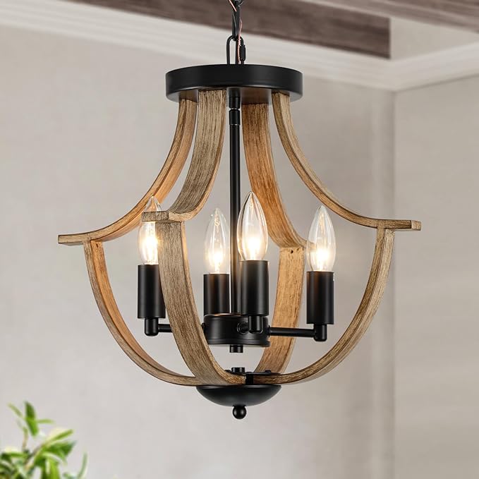 LAMPKEDUO Farmhouse Hanging Pendant Lighting, 4-Light Rustic Flush Mount Ceiling Light Fixture,Modern Faux Wood Vintage Chandelier for Dining Room Kitchen Island Foyer Hallway Entryway Bedroom