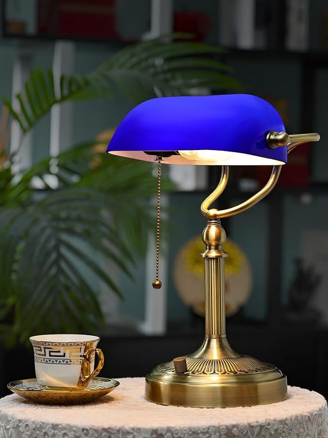 Blue Glass Bankers Desk Lamp, Stepless Dimmable Table Lamp Plug in Fixture for Study, Home Office, LED Bulb Included