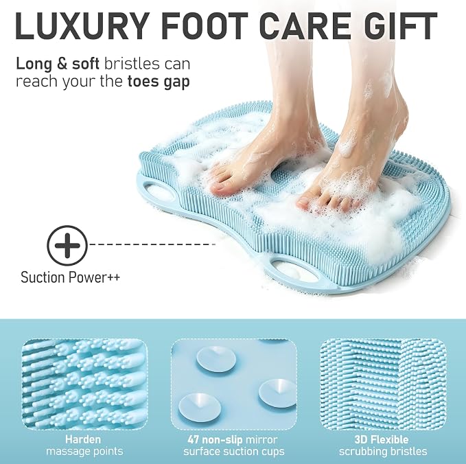 XL Shower Foot Scrubber Mat, Silicone Feet Massage Scrubber in Shower Clean Foot Toes Pad without Bending Non-slip Suction Cups -Blood Circulation Exfoliate Achy Relief 17.4*13.4" Light Blue