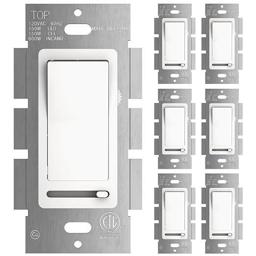 Amico 6 Pack Slide Dimmer Switch, Single-Pole or 3-Way, for Dimmable LED Lights (150W), CFL, Incandescent & Halogen Bulbs (600W), No Wall Plate Included, ETL Listed, White