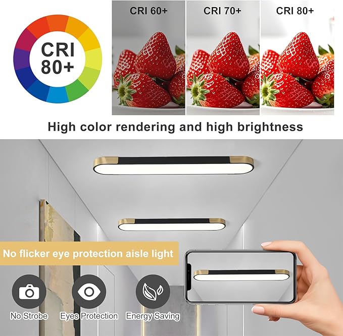 Qcyuui 4FT LED Light Fixture 60W Dimmable Led Ceiling Light Black and Gold Flush Mount Ceiling Light Modern Light Fixtures Ceiling for Kitchen Closet Garage Office Hallway