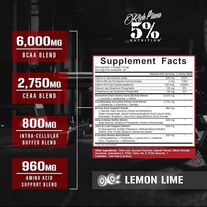 5% Nutrition Rich Piana AllDayYouMay BCAA Powder Premium Intra & Post Workout Amino Acids, Hydration, Endurance, Muscle Recovery, Joint & Liver (Lemon Lime)