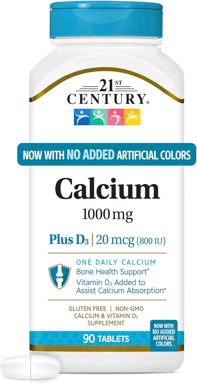 21st Century Calcium Plus D3 Tablets, (90 Count), 1000mg Calcium with Vitamin D3 20mcg (800 IU), Gluten-Free & Non-GMO, Bone Health Supplement for Men & Women, No Added Yeast or Artificial Flavors
