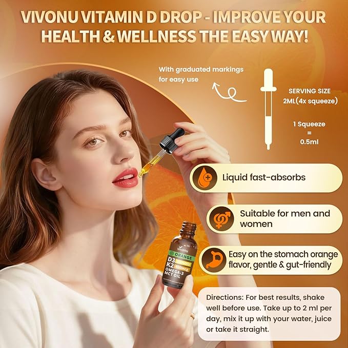 VivoNu 4 flacons de Vitamine D3 K2 en gouttes, D3 20000 UI & K2 sous forme de MK-7 400mcg avec Magnésium, Calcium, Zinc & Oméga 3 pour la santé immunitaire*, l'humeur*, les os*, Arôme Orange, Compléments liquides de Vitamine D en gouttes
