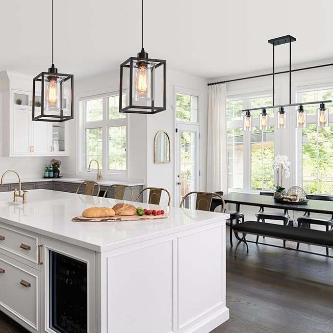 Black Pendant Lights for Kitchen Island Industrial Lantern Pendant Light Fixtures with Clear Glass Shade, Farmhouse Adjustable Height Hanging Pendant Lighting