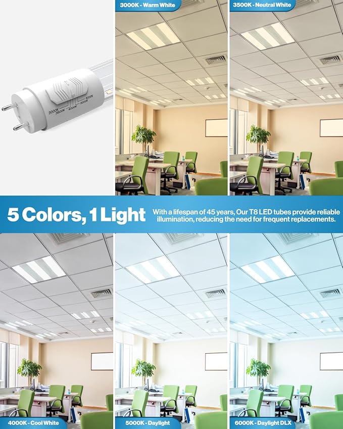 Sunco 30 Pack T8 LED Bulbs 4 Foot, 48 Inch Tube Light Bulb Fluorescent Replacement, Single/Double Ended Hybrid Type A+B, 2400 LM, 20W, Selectable CCT 3000K/3500K/4000K/5000K/6000K, Clear Lens ETL