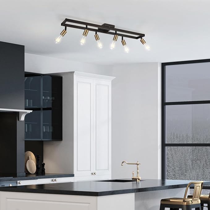 GLOBE Electric 64000096 36" 6-Light Track Lighting, Matte Black, Brass Sockets, Adjustable Pivoting Heads, Ceiling Light Fixture for Kitchen Island, Hallway, or Dining Room, Modern Farmhouse Lights