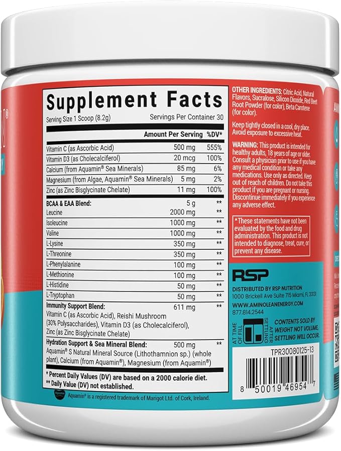 AminoLean Recovery + Hydration – Electrolytes Powder & BCAA Amino Acids for Instant Hydration & Post-Workout Recovery – Nootropic Mushrooms, Vegan Aminos, Zero Sugar, 30 Servings