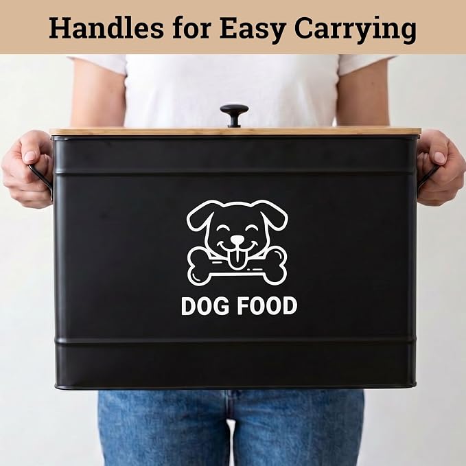 Dog Food Container Airtight 15 lb (50 Cup) Capacity with Metal Scoop - Cute Airtight Dog Food Storage Container with Bamboo Lid - Black Metal Kibble Storage Bin for Dogs up to 100 lbs - Big Pet Jar