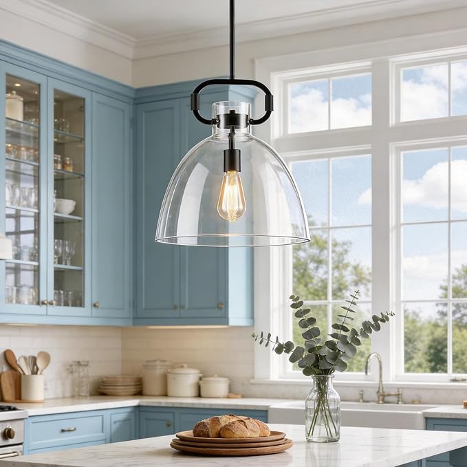 14'' Glass Pendant Light Fixture, 1-Light Modern Large Pendant Lights Kitchen Island, Adjustable Cord Farmhouses Black Island Lighting for Kitchen Bedroom Dining Room, E26