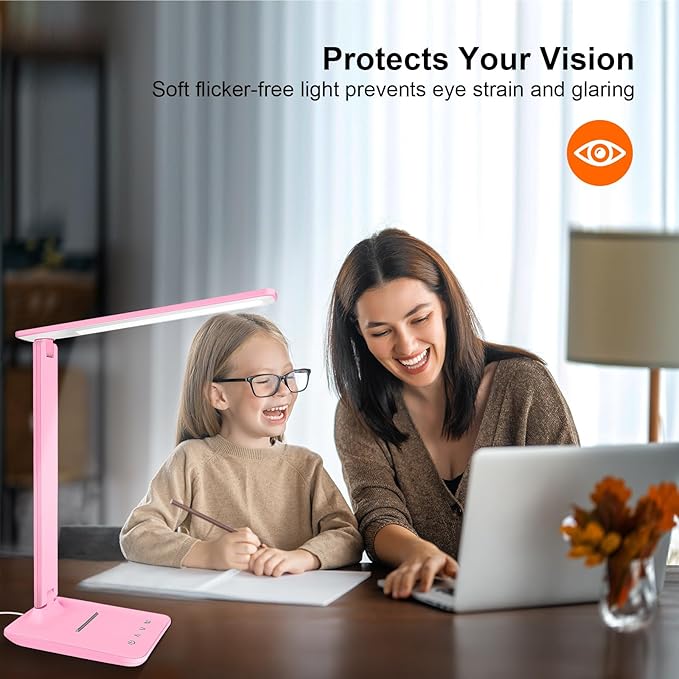 shinelife LED Desk Lamp for Office Home, Bright Desk Light with USB Charging Port, Adjustable Dimmable Desk Lamps 5 Modes 5 Brightness, Touch Study Lamp for Nail, Craft, Puzzle, Sewing, Study, Pink