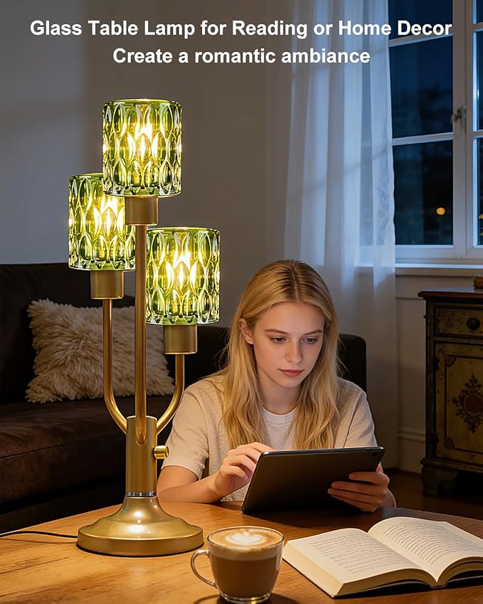 Mid Century Modern Glass Green Table Lamp Dimmable Nightstand Lamp Gold Vintage Desk Lamp 3 Bulbs Included Warmwhite Ambient Bedside Lamps for Living Room Bedroom End Table Office Home Decor