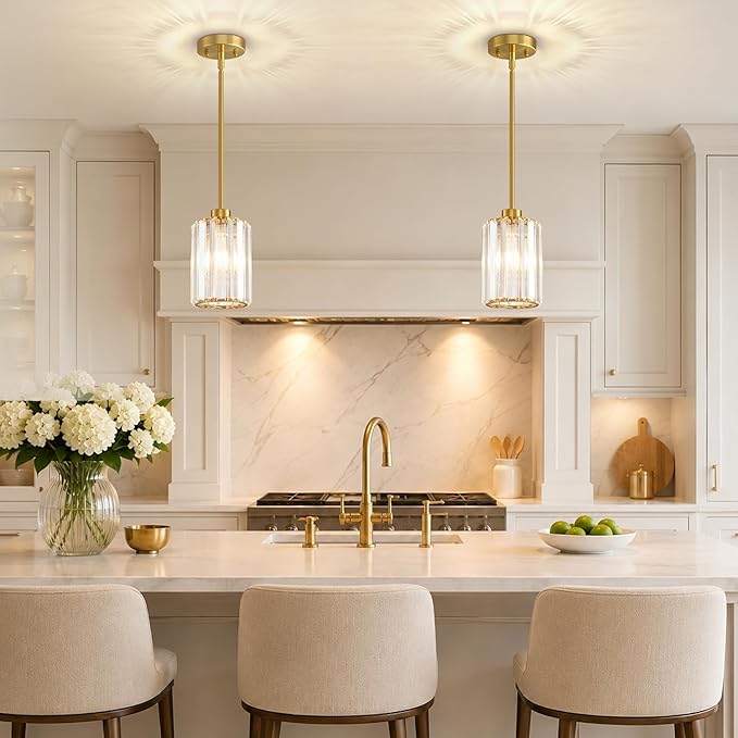 MQMQA 3 Pack 18"-53" Height Adjustable Brushed Brass Gold Pendant Lights Kitchen Island, Modern Crystal Chandelier Kitchen Pendant Lighting Over Island, Hanging Mini Light Fixtures for Dining Room