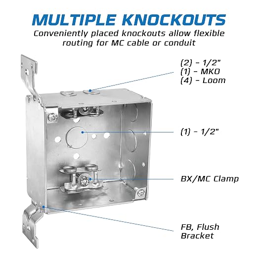 OHLECTRIC 4" Square Welded Electrical Box with Flush Mount Brackets (10-Pack) 2-1/8 Inch Deep Box with BX/MC Cable Clamp, ½ & ¾ Knockouts, Galvanized Steel, 30.3 Cu. in. Metal Junction Box