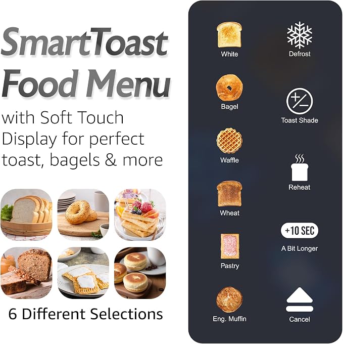 Elite Gourmet ECT5924D SmartToast Digital Long Slot 4 Slice Toaster, 1370W Even Heat, Extra Wide 1.5" Slots for Bagels & Texas Toast, Touch Screen, 6 Shades, 6 Bread Types, Defrost, Reheat, Steel