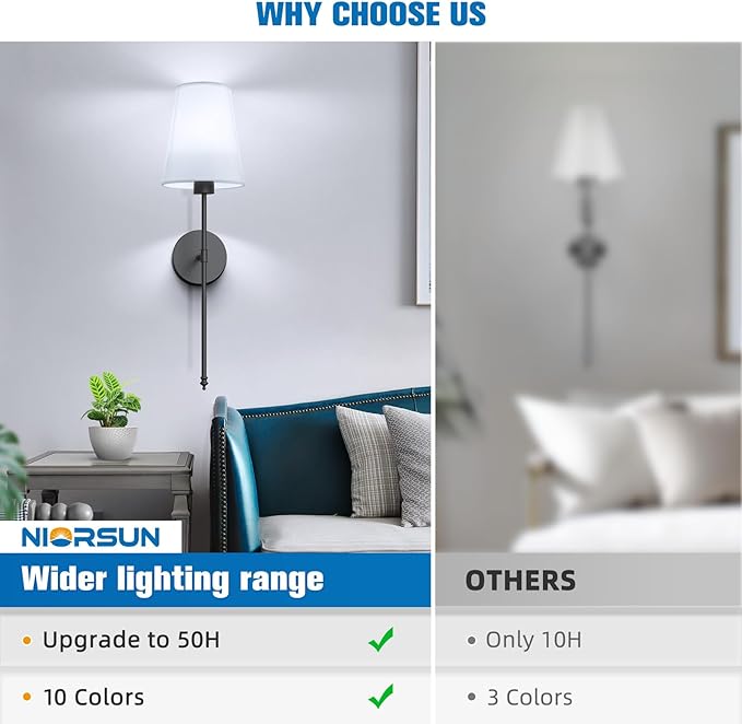 NIORSUN 25.4 inch Battery Operated Wall Sconce Set of 2,Black Rechargeable Wall Lights with 10400mAh Dimmable Detachable Bulbs and Remote,9 Colors Wireless Sconces for Bedroom Living Room Hallway