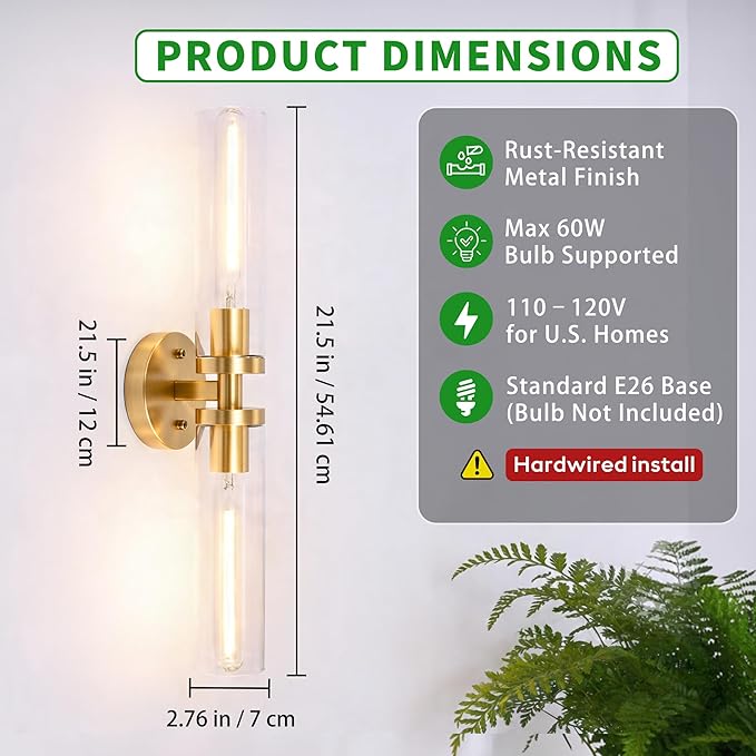 Wall Sconces 2-Pack, Hardwired Bathroom Light Fixtures, Modern Farmhouse Vanity Wall Lighting with Clear Glass Shades, E26 Base Wall Sconce Wall Lights for Bathroom Wall Decor, Gold