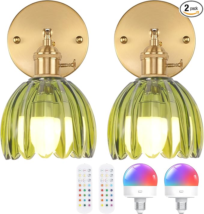 Shenmoyl Vintage Battery Operated Wall Sconce with Green Tulip Glass Lampshade Rechargeable Battery Powered Wall Light with Remote Control for Bedside Bedroom Doorway, Set of 2