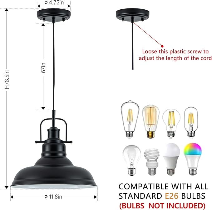 Zlepmlla Famrhouse Pendant Light, Black Pendant Light Fixture with Metal Dome Shade, Adjustable Height Hanging Light for Kitchen Island, Living Room, Bedroom