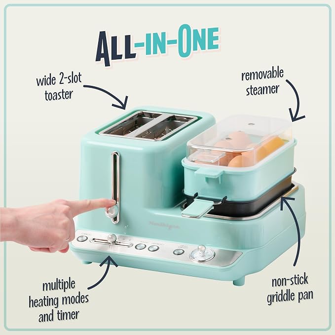 Nostalgia Classic Retro 3-in-1 Breakfast Station, 2-Wide Slot Toaster With Adjustable Toasting Control, Non-Stick Griddle, 6 Capacity Egg Cooker With Lid