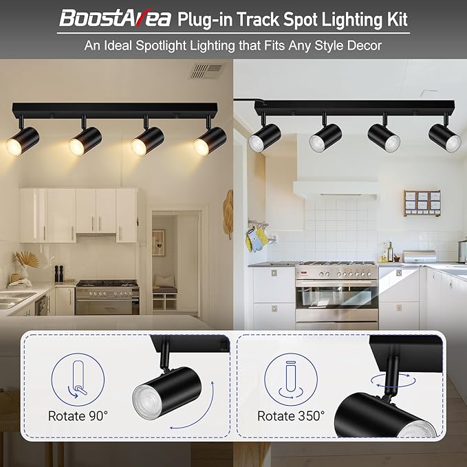 BoostArea Plug in Track Lighting, LED Track Light Kit, Black 4-Light Track Lights for Kitchen, 15 FT Cord,23" Ceiling Spotlight, Rotatable Wall Mount Light Head for Bedroom Hallway Living Room