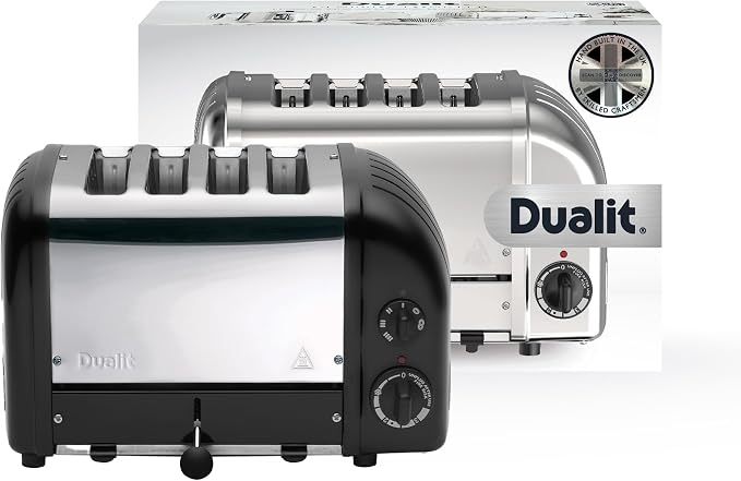 Dualit Classic 4 Slice NewGen Toaster - Stainless Steel - Hand Built in the UK - Replaceable ProHeat elements - Defrost Bread - Mechanical Timer - Matt Black Classic Toaster
