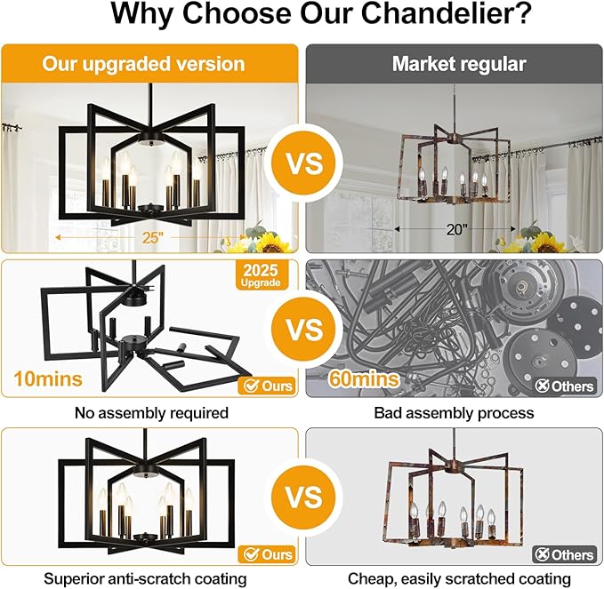 25"-61" Height Adjustable Modern Matte Black Chandelier for Dining Room, No Assembly Required Black Dining Room Light Fixture Over Table, Industrial Metal Pendant Lights Fixture for Kitchen Island