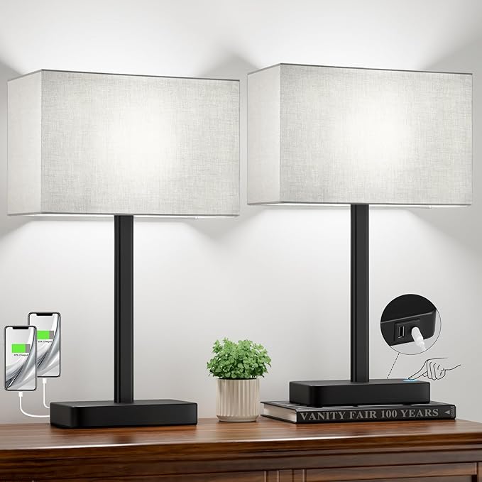 Hong-in Touch Lamps for Bedroom - 3-Way Dimmable Bedside Lamps Set of 2 with USB C+A, Grey Modern Table Lamp for Night Stands, Desk Lamp for Living Room Nightstand End Tables Bed Side